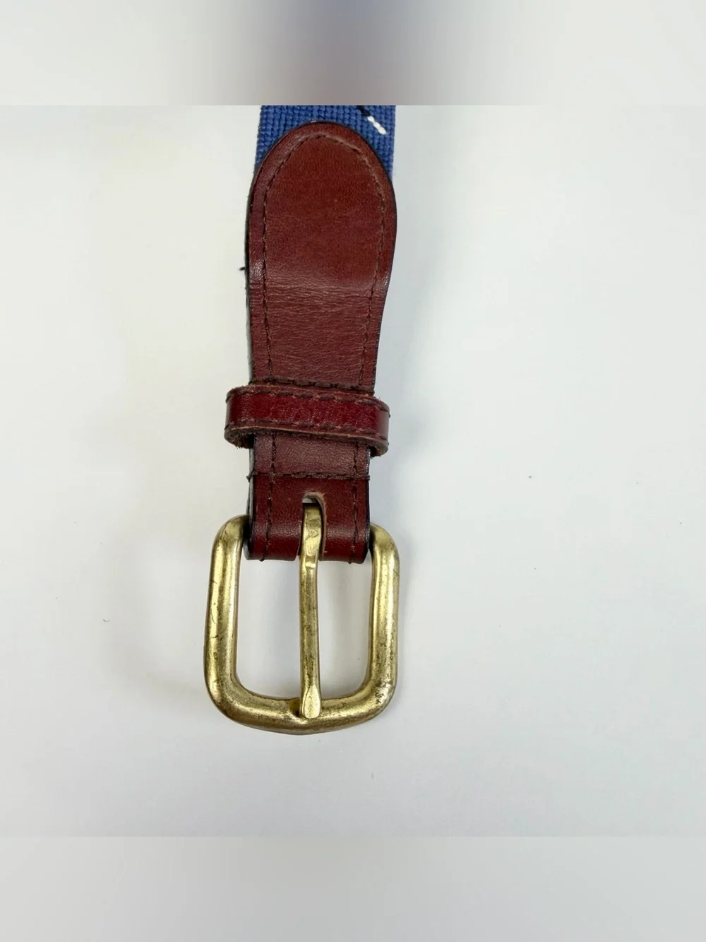 Smathers & Branson Mens Golf Flag Needlepoint Belt Navy Blue Leather Size 42